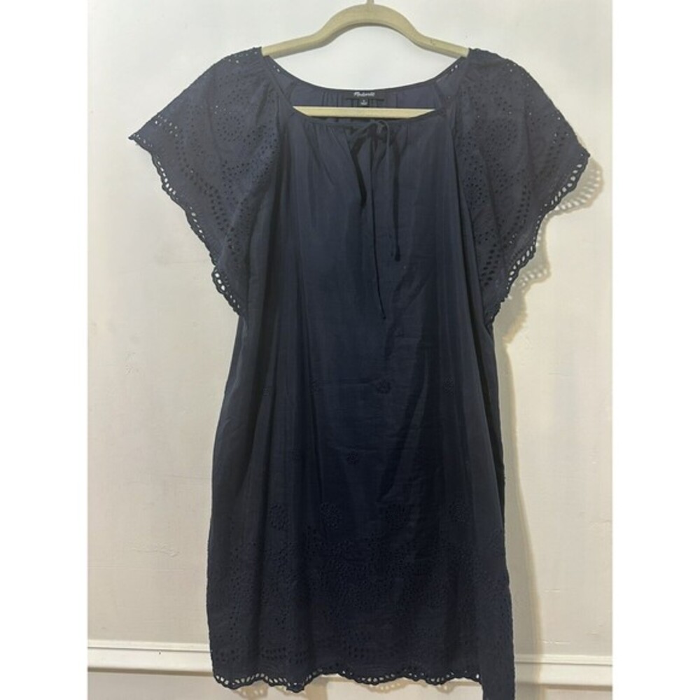 Madewell Moon-tide Navy Blue  Eyelet Shift Lined  Dress Flutter Sleeve Small